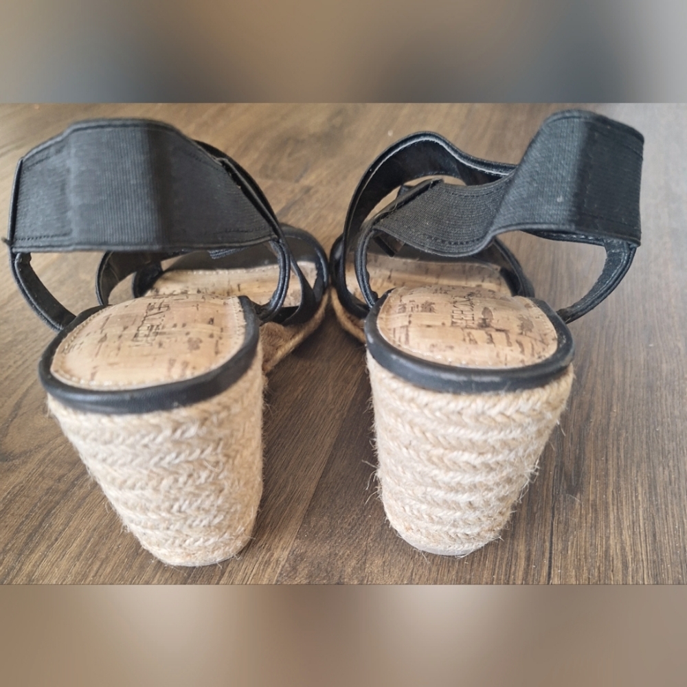 MERONE BLACK 3" WEDGE HEELS ELEGANT CORK DESIGN. WORN ONCE - Picture 5 of 8